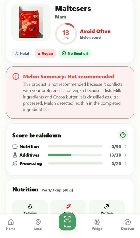 Melon product score screen for Maltesers