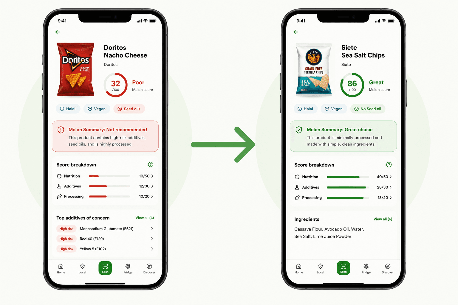 Melon comparison showing a lower-scoring Doritos product and a higher-scoring Siete sea salt chips alternative