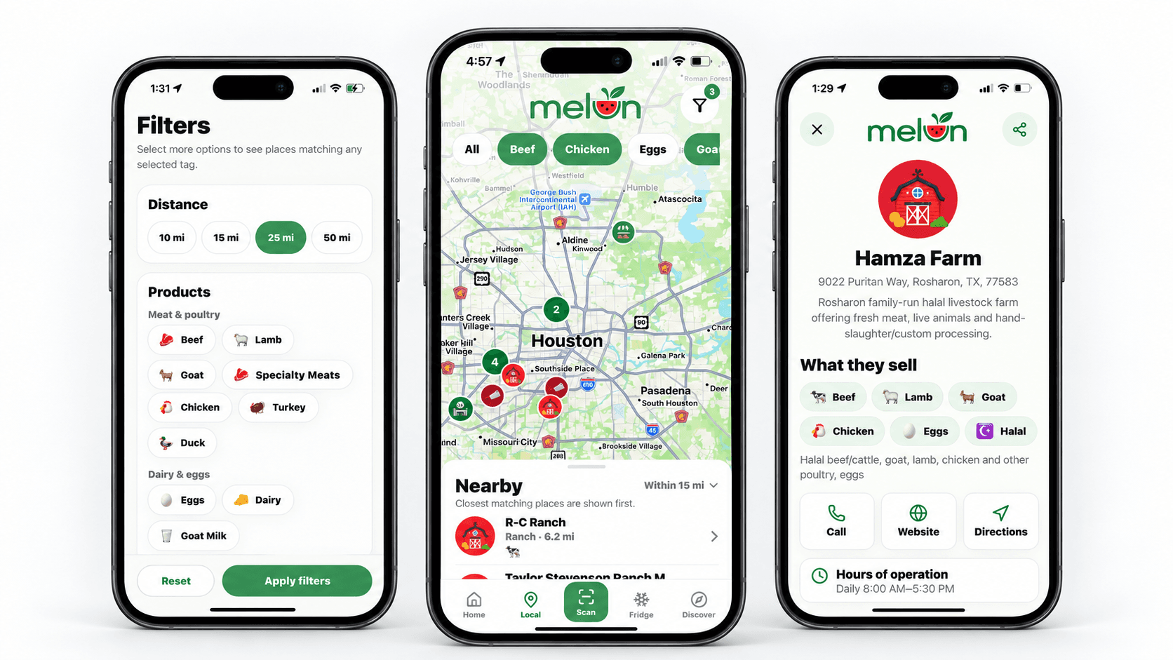 Melon Local Sources map showing nearby ranches, filters, and local food results